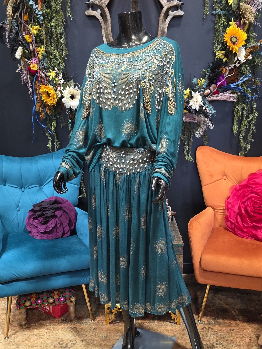 Beaded Teal Two-Piece Skirt Set